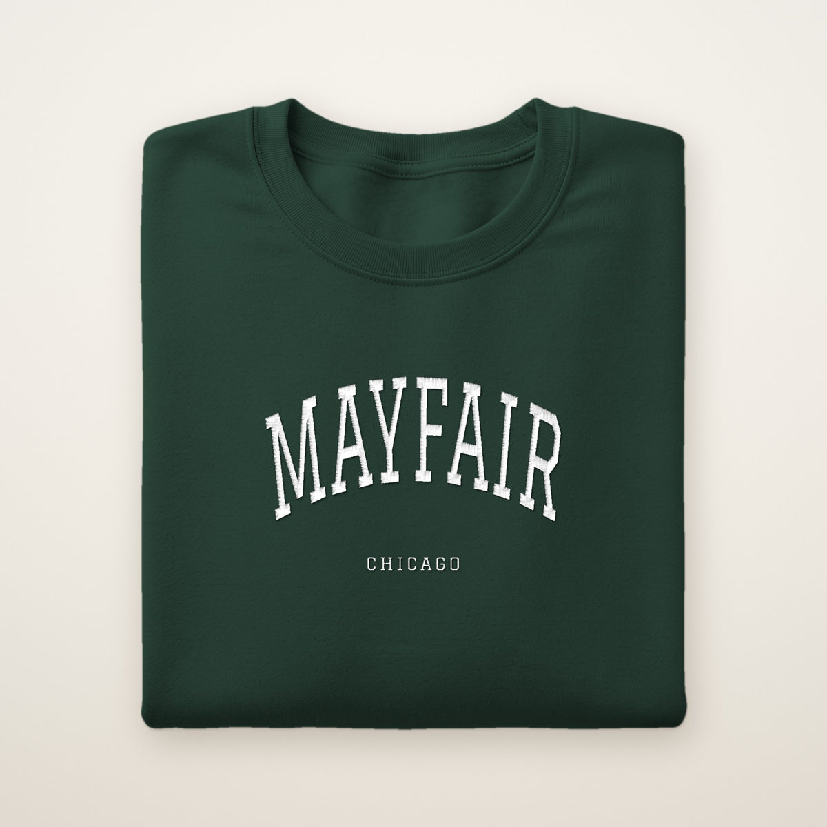 Mayfair Chicago Embroidered Crewneck — White Thread on Forest Green