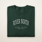River North Chicago Home 2026 Embroidered Crewneck — White Thread on Forest Green