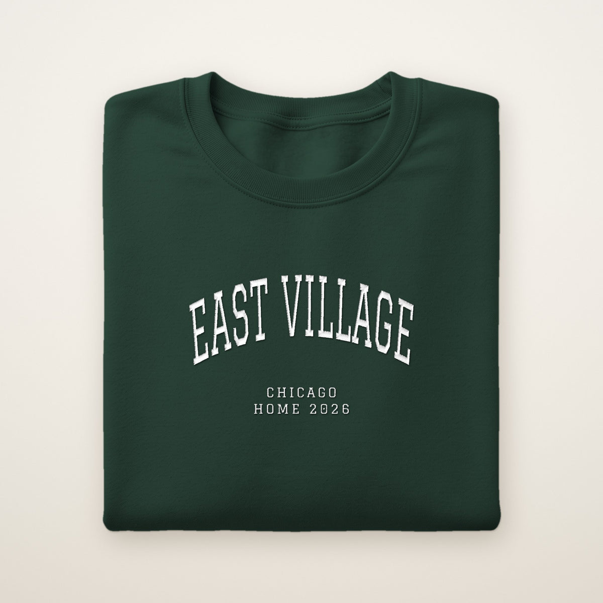 East Village Chicago Home 2026 Embroidered Crewneck — White Thread on Forest Green