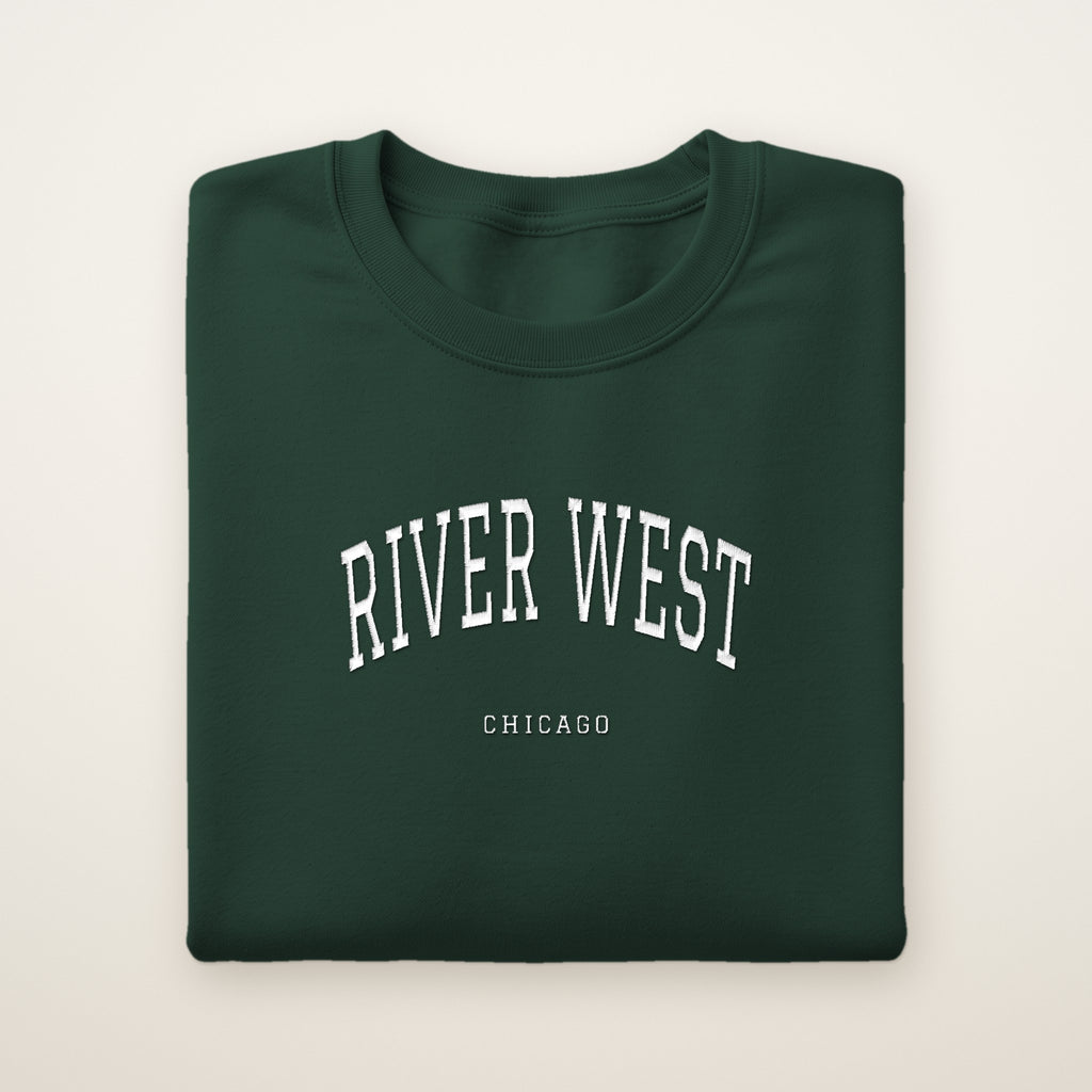 River West Chicago Embroidered Crewneck — White Thread on Forest Green