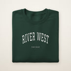 River West Chicago Embroidered Crewneck — White Thread on Forest Green