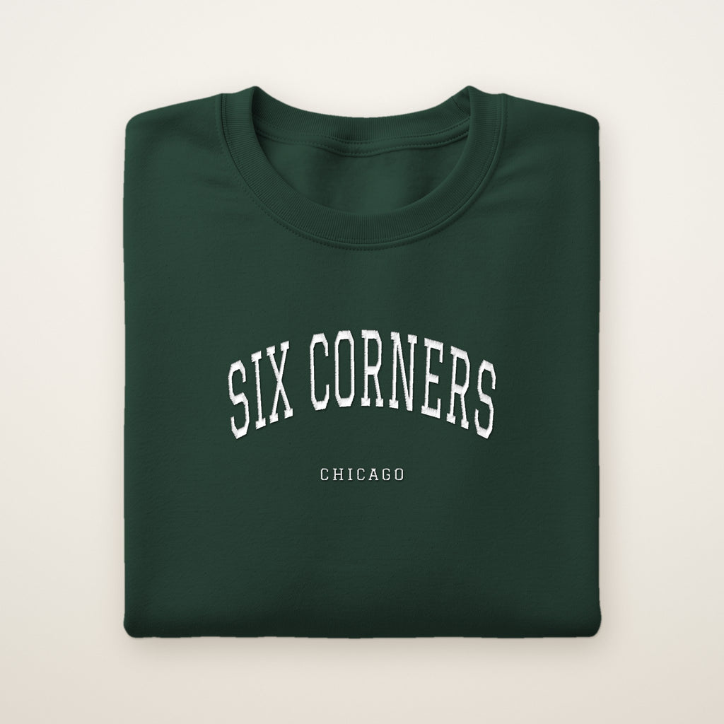 Six Corners Chicago Embroidered Crewneck — White Thread on Forest Green