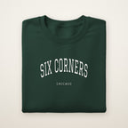 Six Corners Chicago Embroidered Crewneck — White Thread on Forest Green