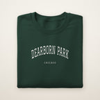 Dearborn Park Chicago Embroidered Crewneck — White Thread on Forest Green