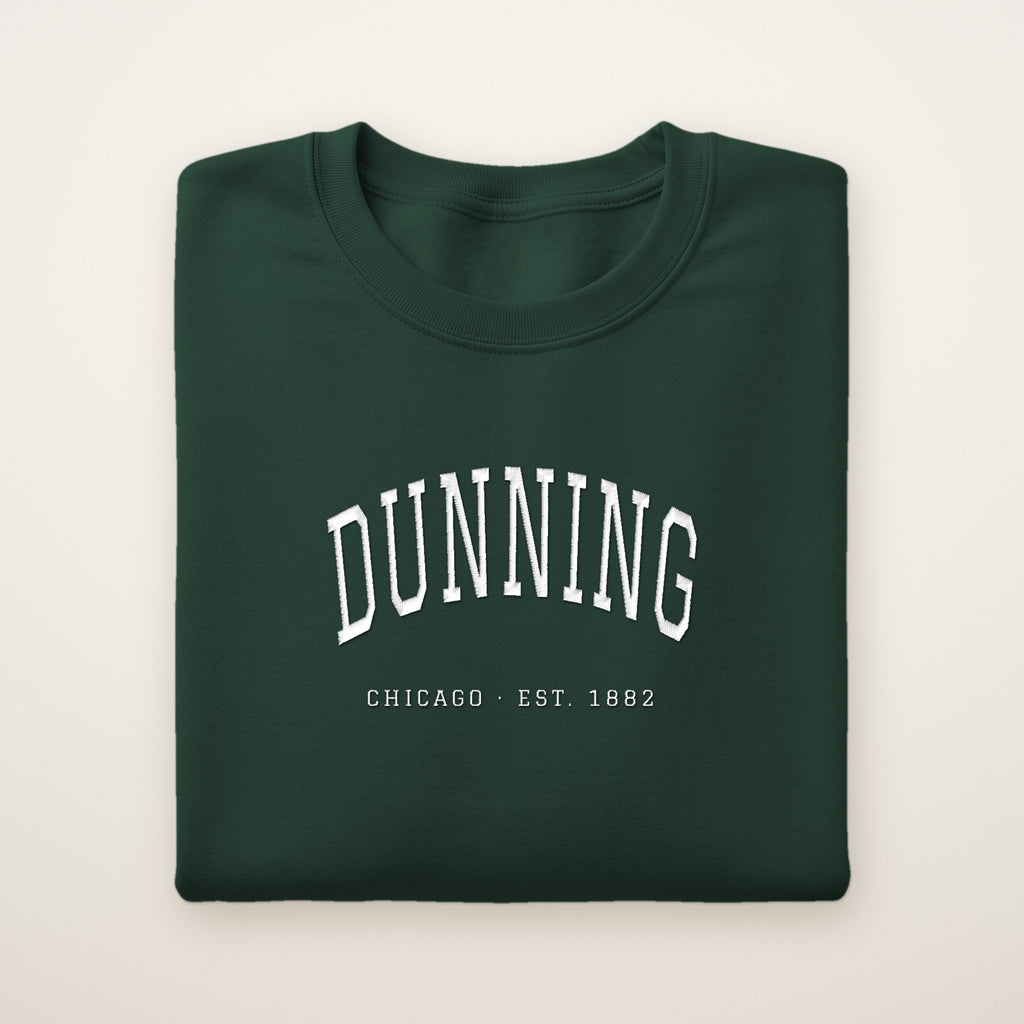 Dunning Chicago Embroidered Crewneck — White Thread on Forest Green