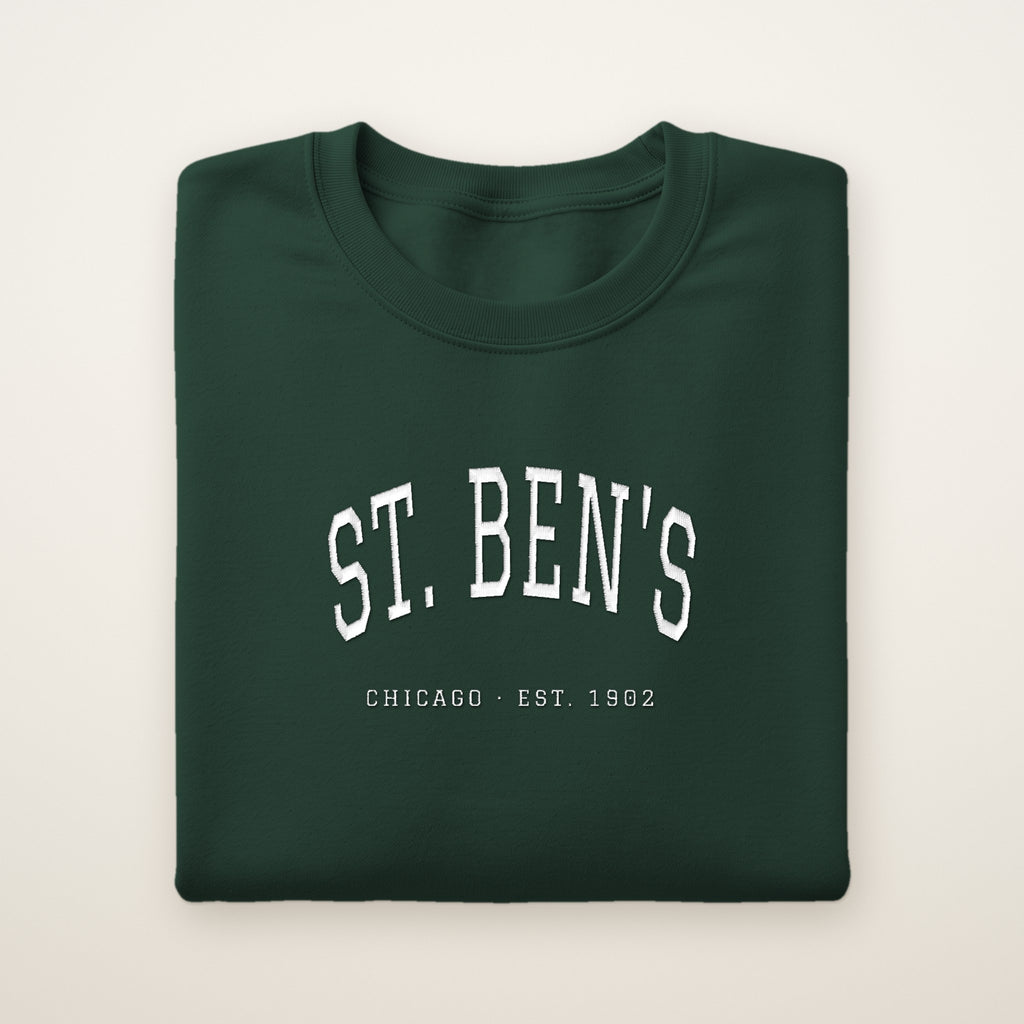 St. Ben's Chicago Embroidered Crewneck — White Thread on Forest Green