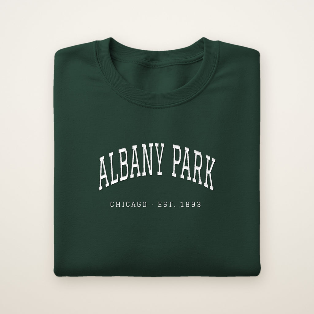 Albany Park Chicago Embroidered Crewneck — White Thread on Forest Green