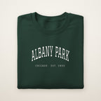 Albany Park Chicago Embroidered Crewneck — White Thread on Forest Green