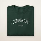 Edgewater Glen Chicago Embroidered Crewneck — White Thread on Forest Green