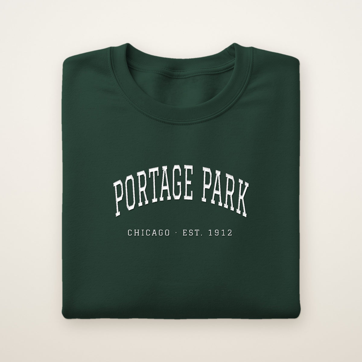Portage Park Chicago Embroidered Crewneck — White Thread on Forest Green