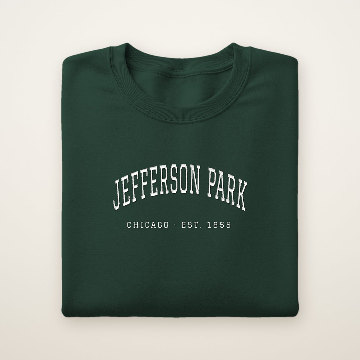 Jefferson Park Chicago Embroidered Crewneck — White Thread on Forest Green