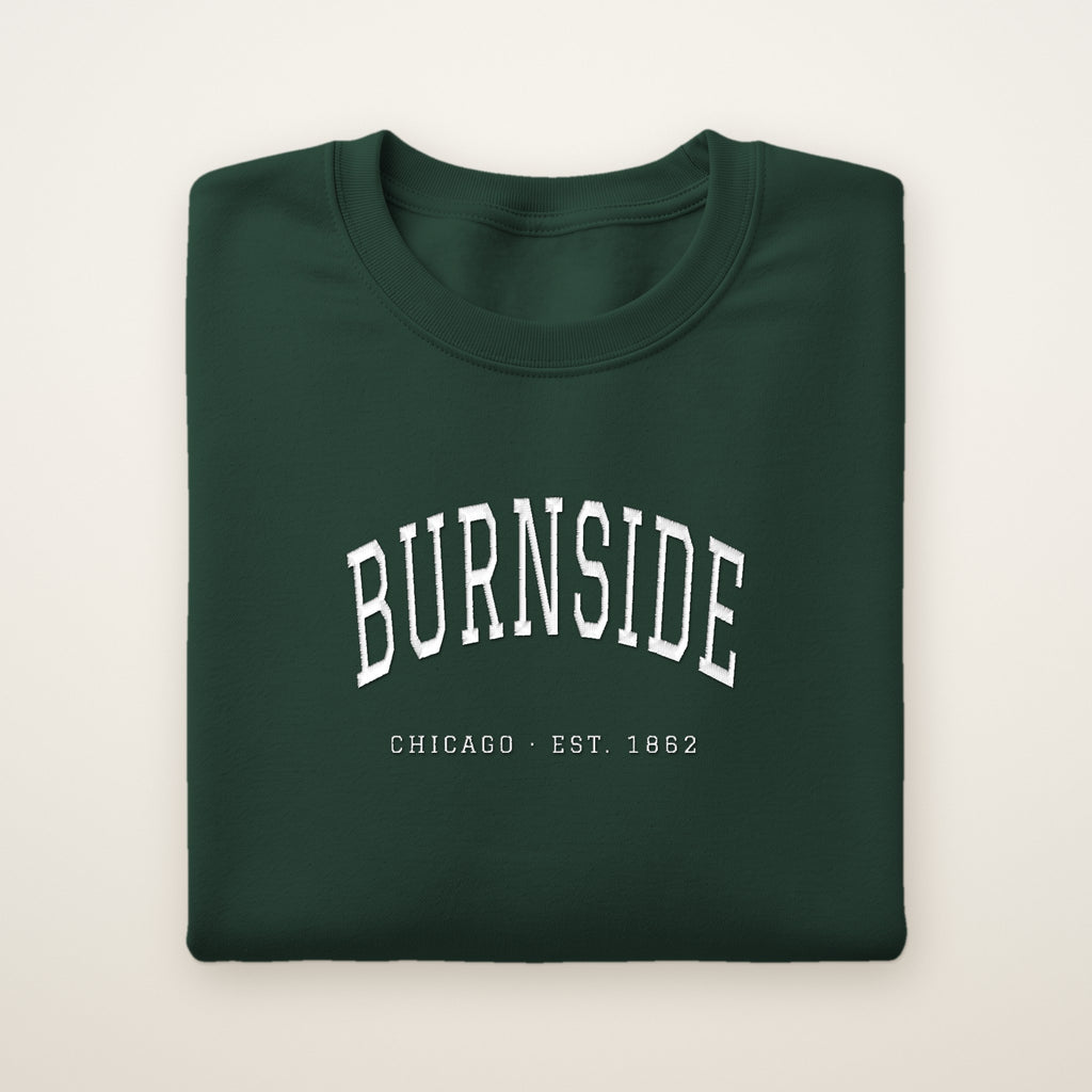 Burnside Chicago Embroidered Crewneck — White Thread on Forest Green