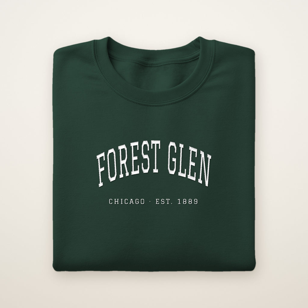 Forest Glen Chicago Embroidered Crewneck — White Thread on Forest Green