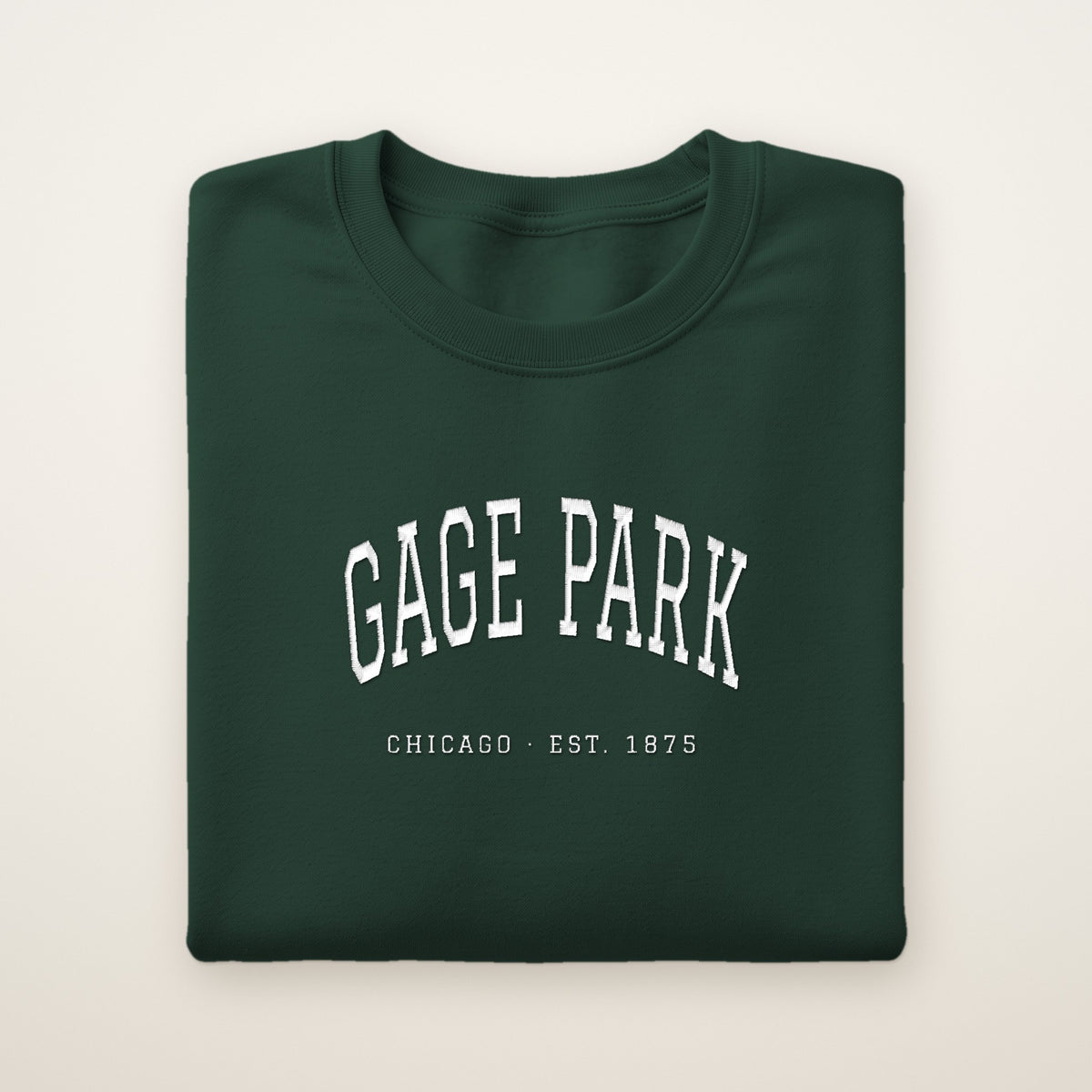 Gage Park Chicago Embroidered Crewneck — White Thread on Forest Green