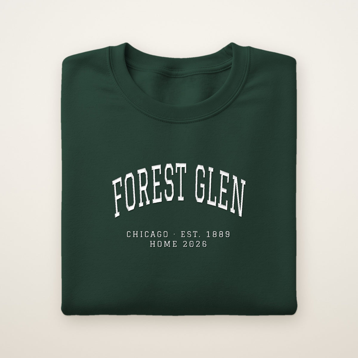 Forest Glen Chicago Home 2026 Embroidered Crewneck — White Thread on Forest Green
