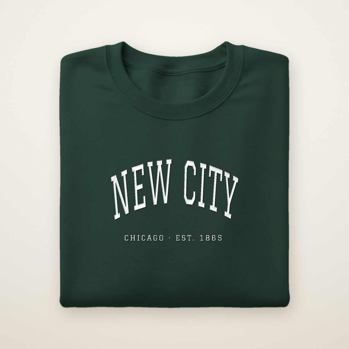 New City Chicago Embroidered Crewneck — White Thread on Forest Green