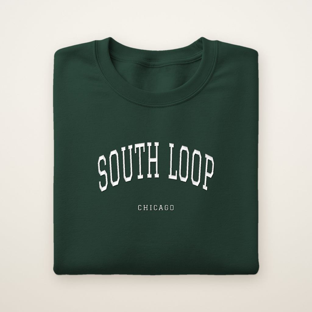 South Loop Chicago Embroidered Crewneck — White Thread on Forest Green
