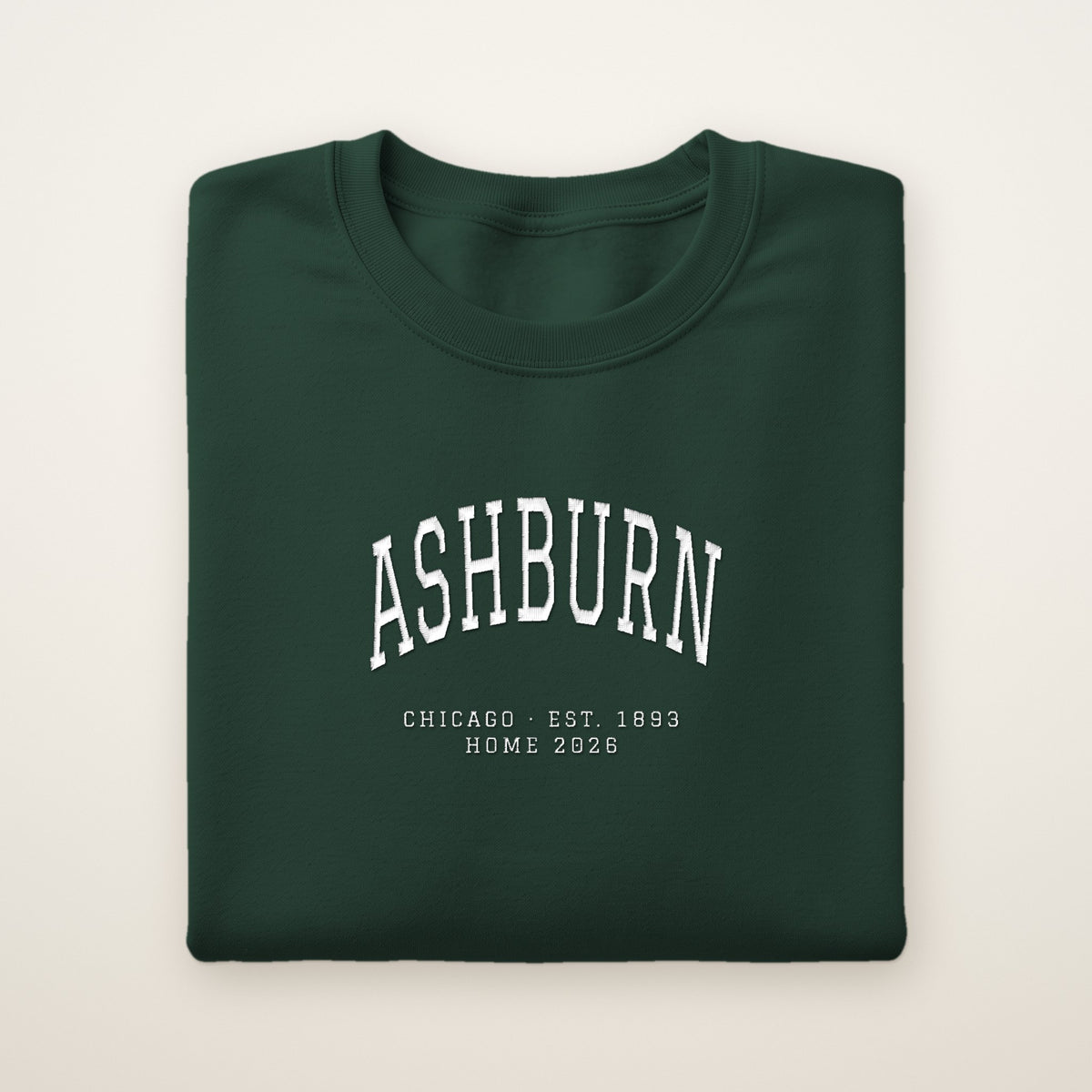Ashburn Chicago Home 2026 Embroidered Crewneck — White Thread on Forest Green