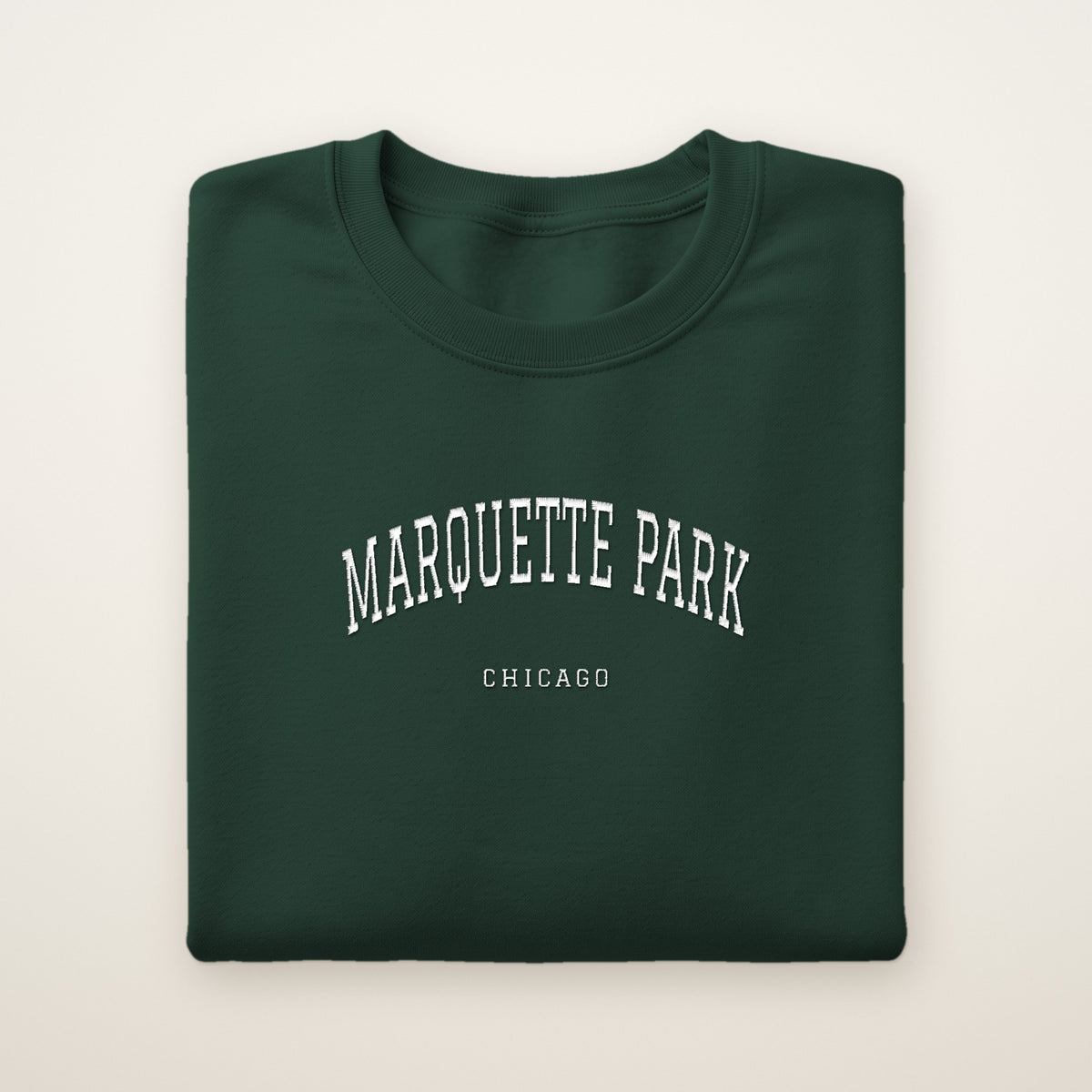 Marquette Park Chicago Embroidered Crewneck — White Thread on Forest Green