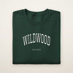 Wildwood Chicago Embroidered Crewneck — White Thread on Forest Green