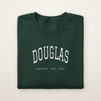 Douglas Chicago Embroidered Crewneck — White Thread on Forest Green