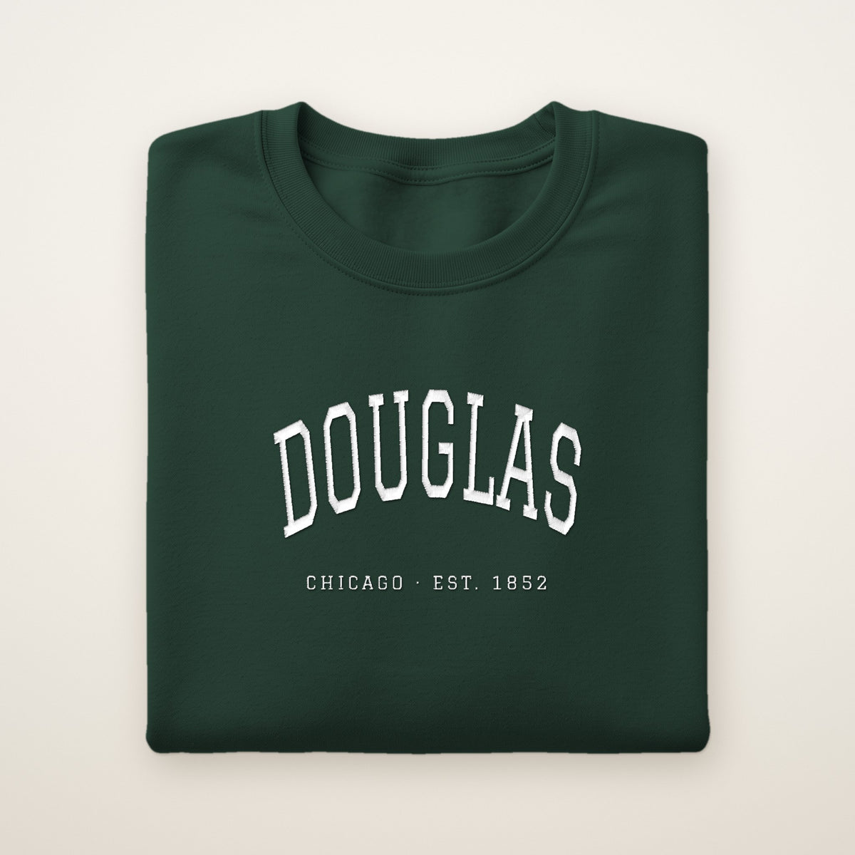 Douglas Chicago Embroidered Crewneck — White Thread on Forest Green