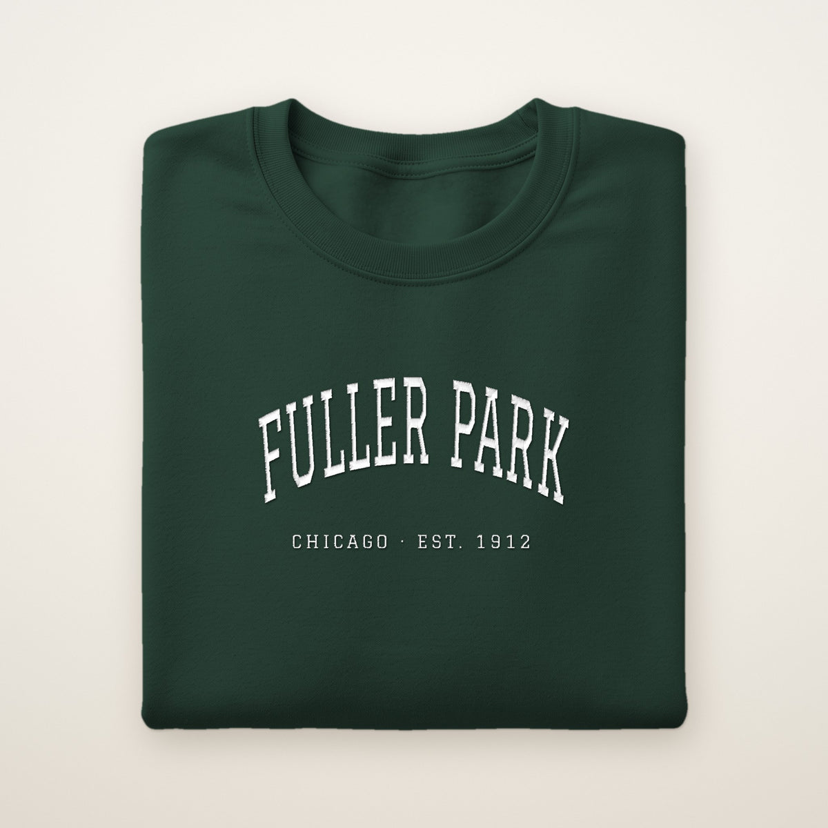 Fuller Park Chicago Embroidered Crewneck — White Thread on Forest Green