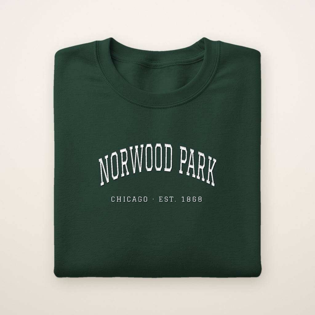 Norwood Park Chicago Embroidered Crewneck — White Thread on Forest Green