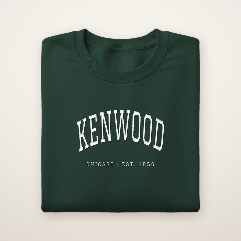Kenwood Chicago Embroidered Crewneck — White Thread on Forest Green