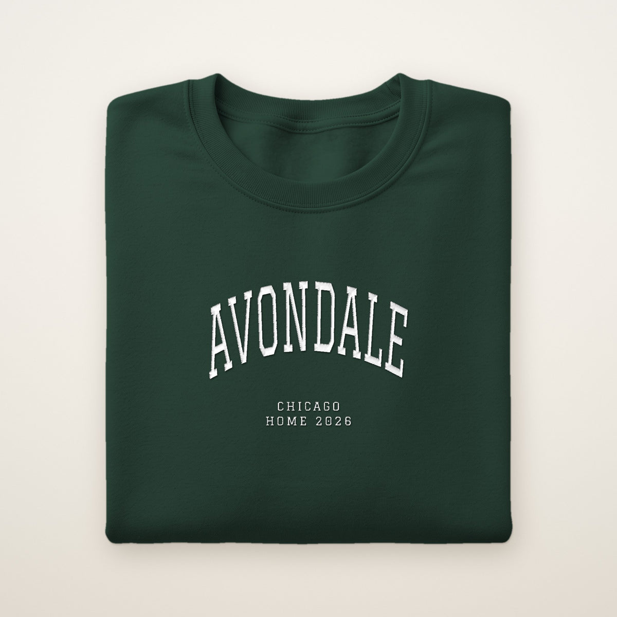 Avondale Chicago Home 2026 Embroidered Crewneck — White Thread on Forest Green