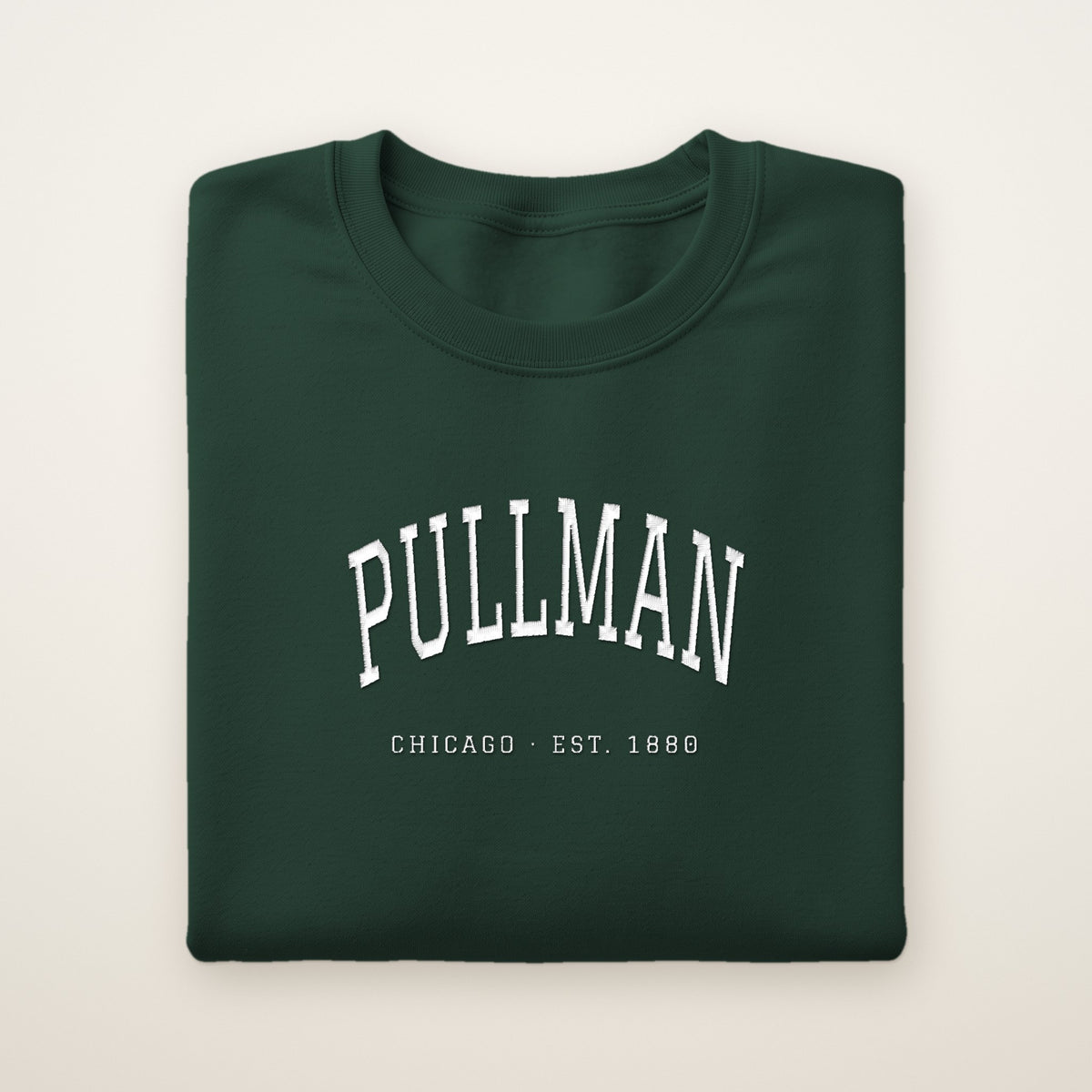 Pullman Chicago Embroidered Crewneck — White Thread on Forest Green
