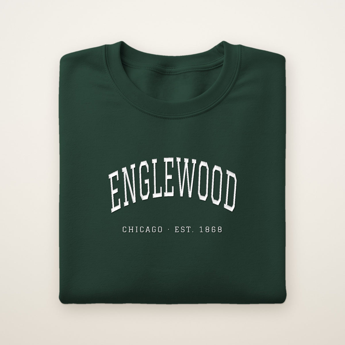 Englewood Chicago Embroidered Crewneck — White Thread on Forest Green