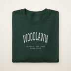 Woodlawn Chicago Home 2026 Embroidered Crewneck — White Thread on Forest Green
