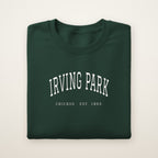 Irving Park Chicago Embroidered Crewneck — White Thread on Forest Green