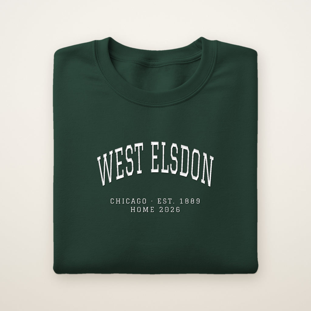 West Elsdon Chicago Home 2026 Embroidered Crewneck — White Thread on Forest Green