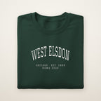 West Elsdon Chicago Home 2026 Embroidered Crewneck — White Thread on Forest Green