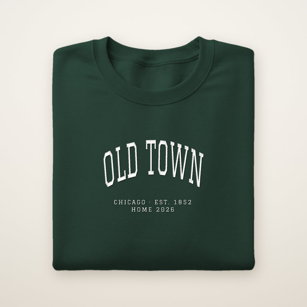 Old Town Chicago Home 2026 Embroidered Crewneck — White Thread on Forest Green