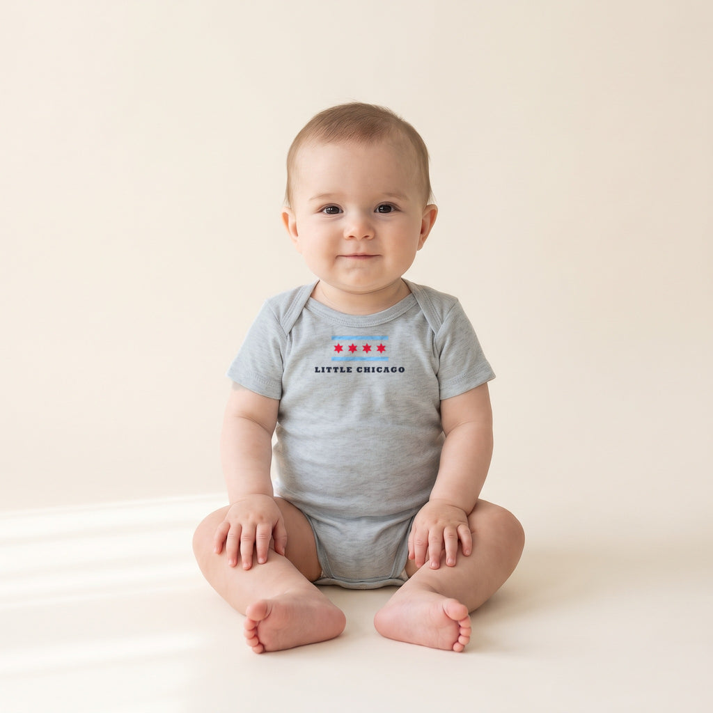 Baby wearing the Little Chicago Four Star Baby Bodysuit in Heather