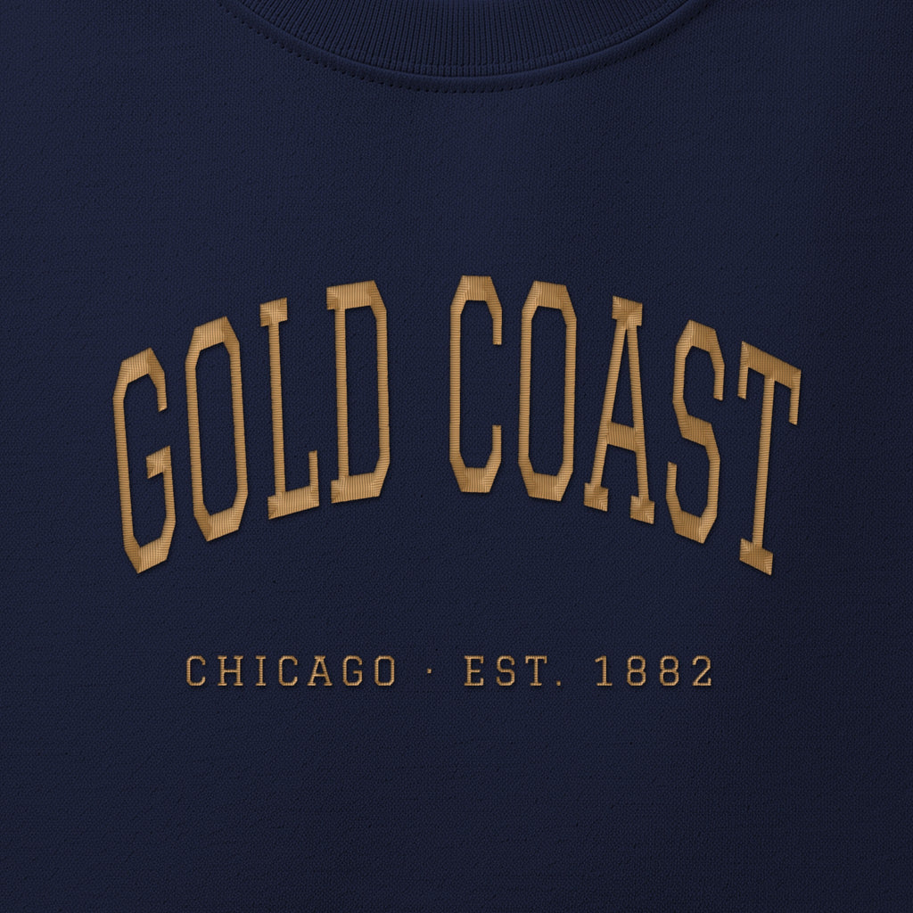 Close-up of gold satin-stitch Gold Coast embroidery