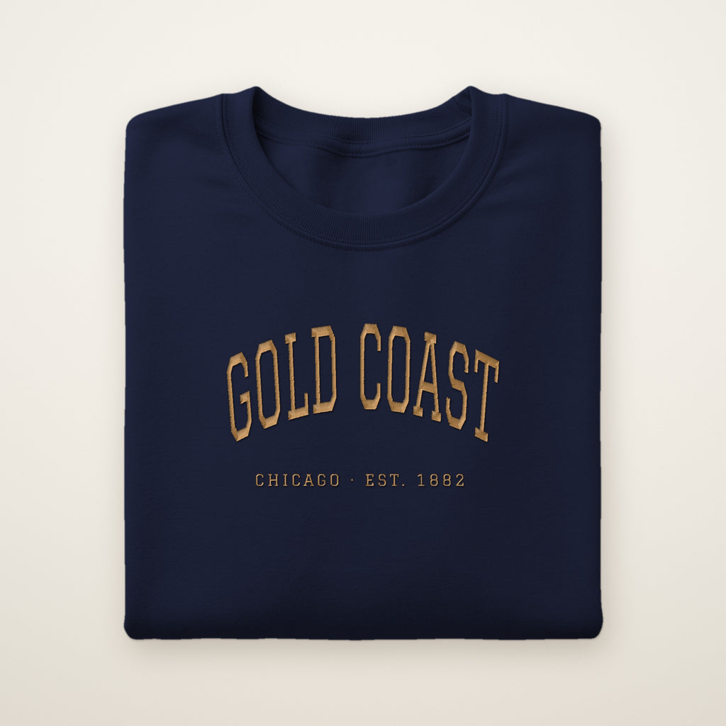 Gold Coast Chicago embroidered crewneck sweatshirt, Navy, gold embroidery