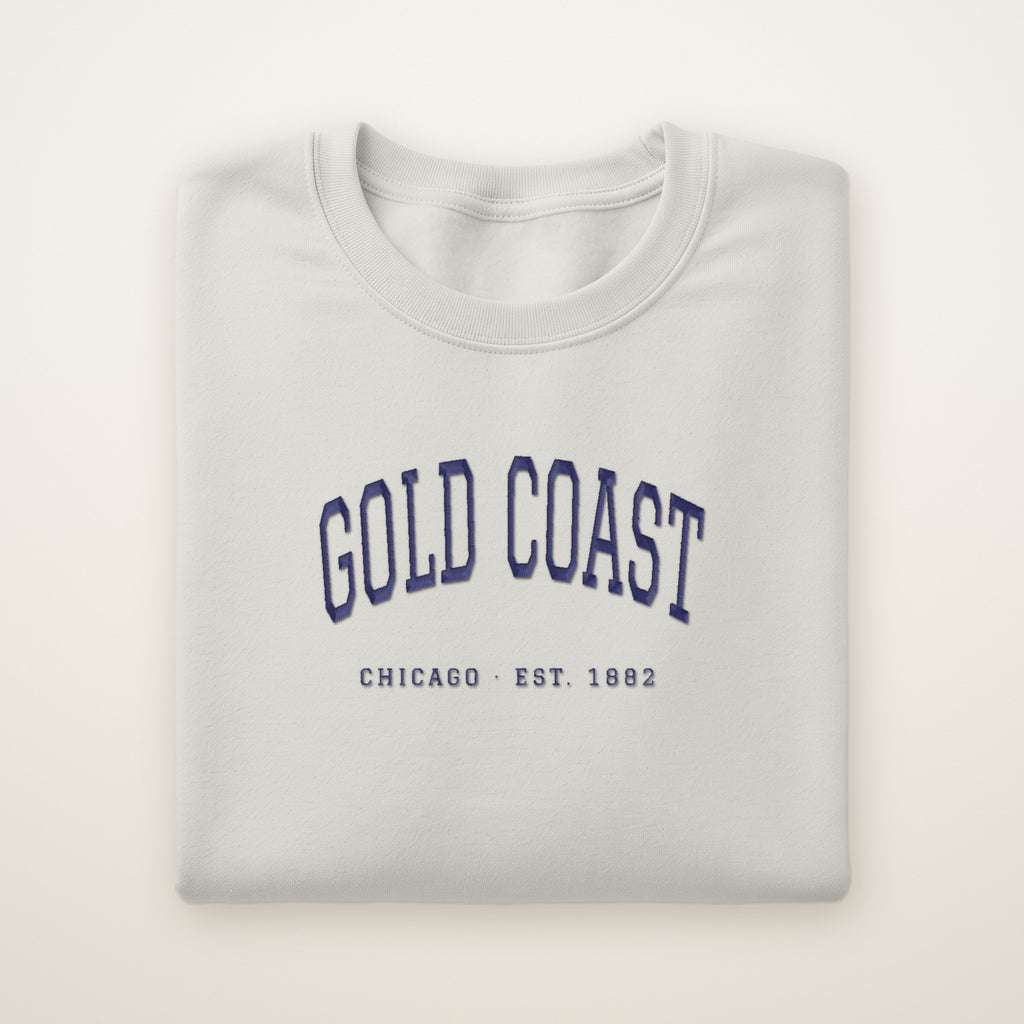 Gold Coast Chicago embroidered crewneck sweatshirt, Ash, navy embroidery