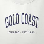 Close-up of navy satin-stitch Gold Coast embroidery