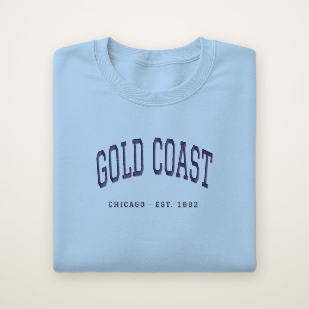 Gold Coast Chicago embroidered crewneck sweatshirt, Light Blue, navy embroidery