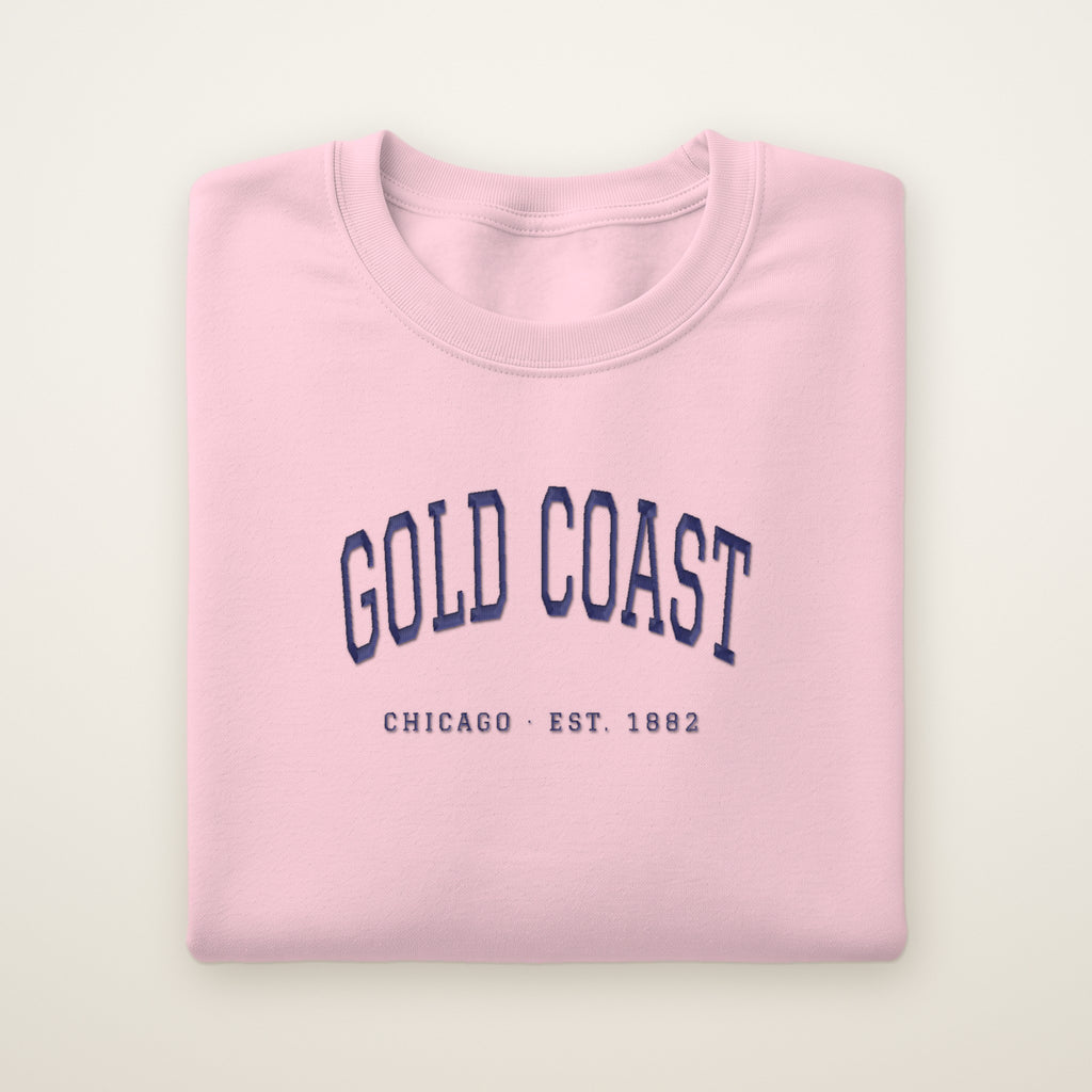 Gold Coast Chicago embroidered crewneck sweatshirt, Light Pink, navy embroidery