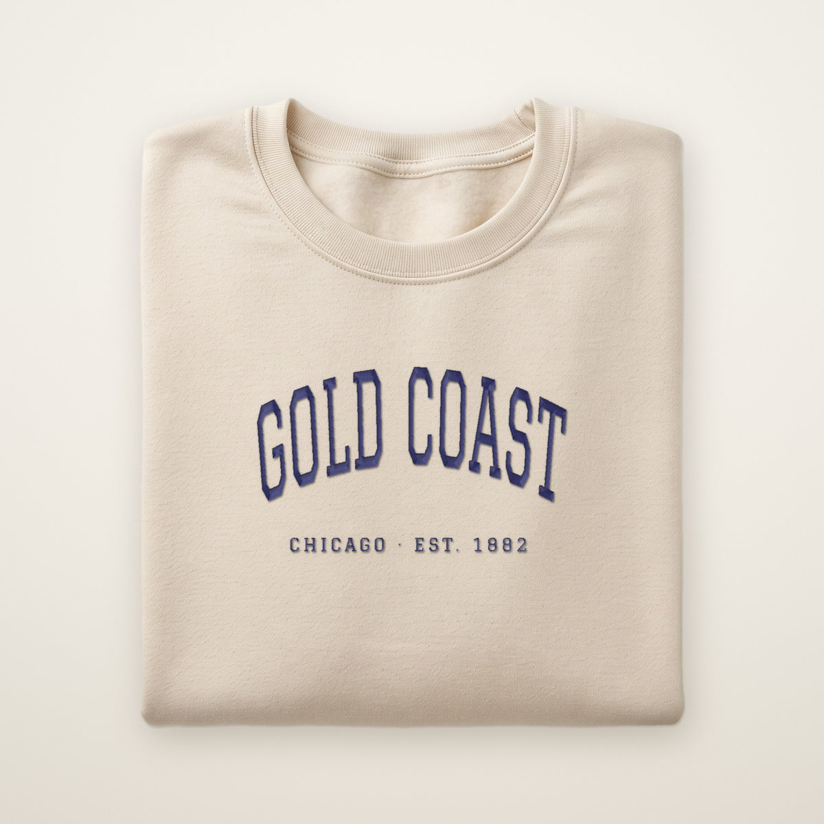 Gold Coast Chicago embroidered crewneck sweatshirt, Sand, navy embroidery