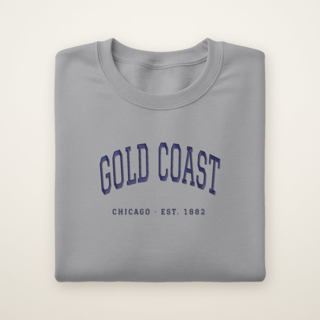 Gold Coast Chicago embroidered crewneck sweatshirt, Sport Grey, navy embroidery