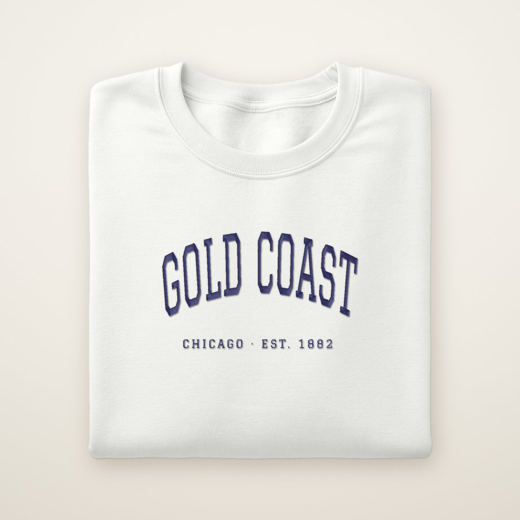 Gold Coast Chicago embroidered crewneck sweatshirt, White, navy embroidery