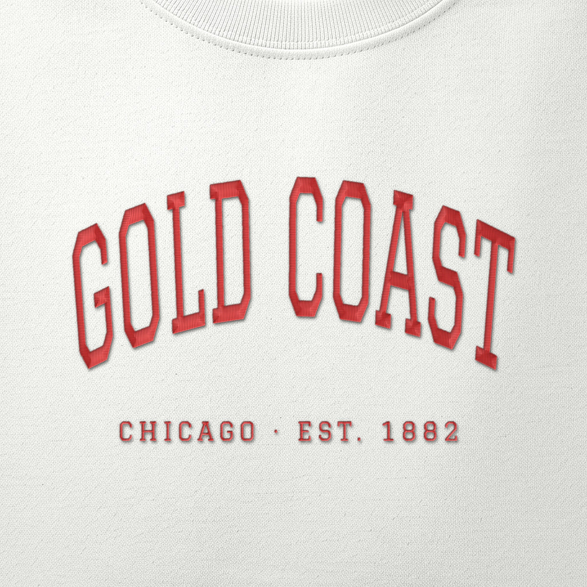 Close-up of red satin-stitch Gold Coast embroidery
