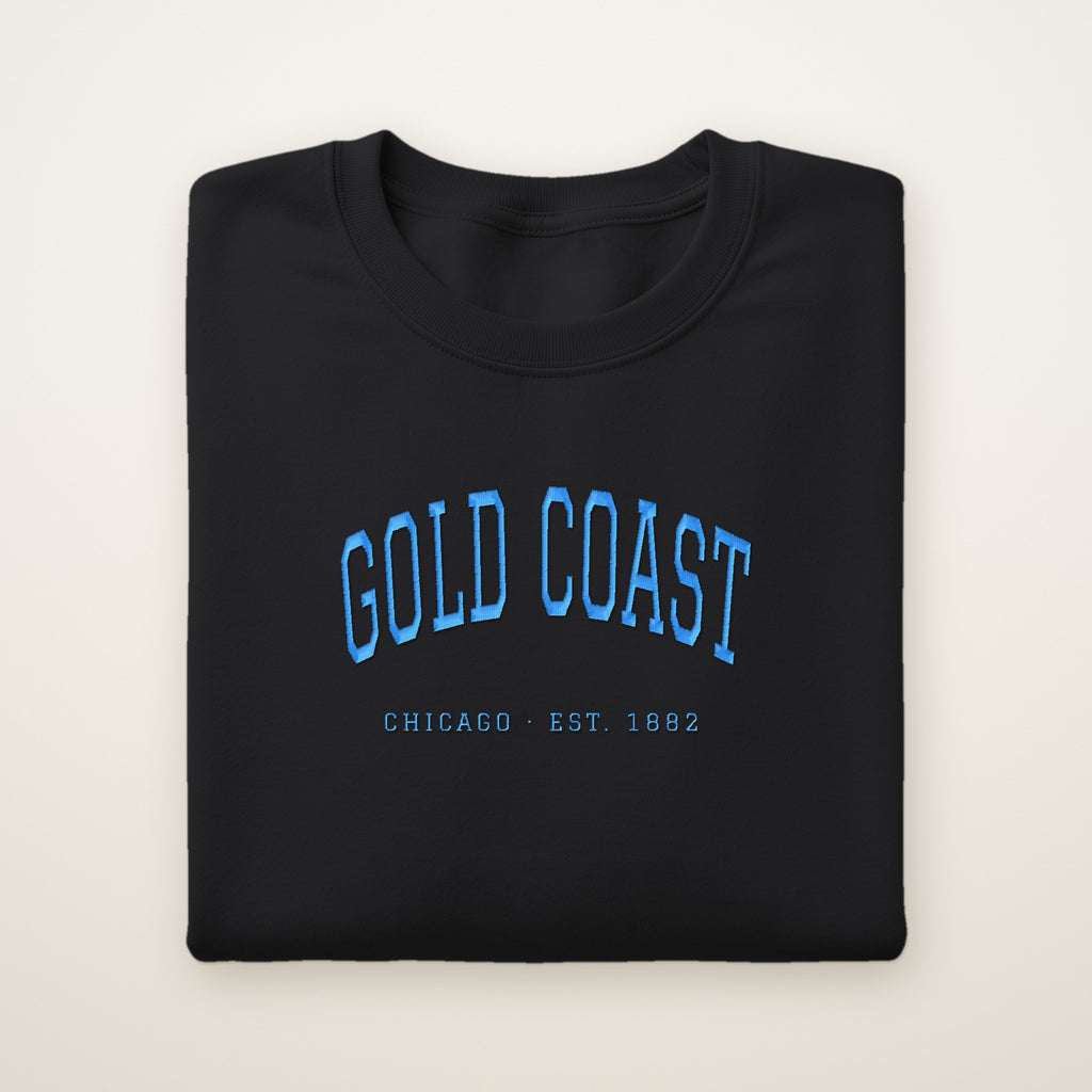 Gold Coast Chicago embroidered crewneck sweatshirt, Black, sky blue embroidery