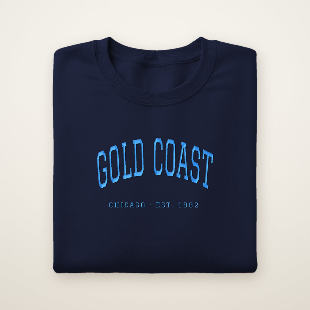 Gold Coast Chicago embroidered crewneck sweatshirt, Navy, sky blue embroidery